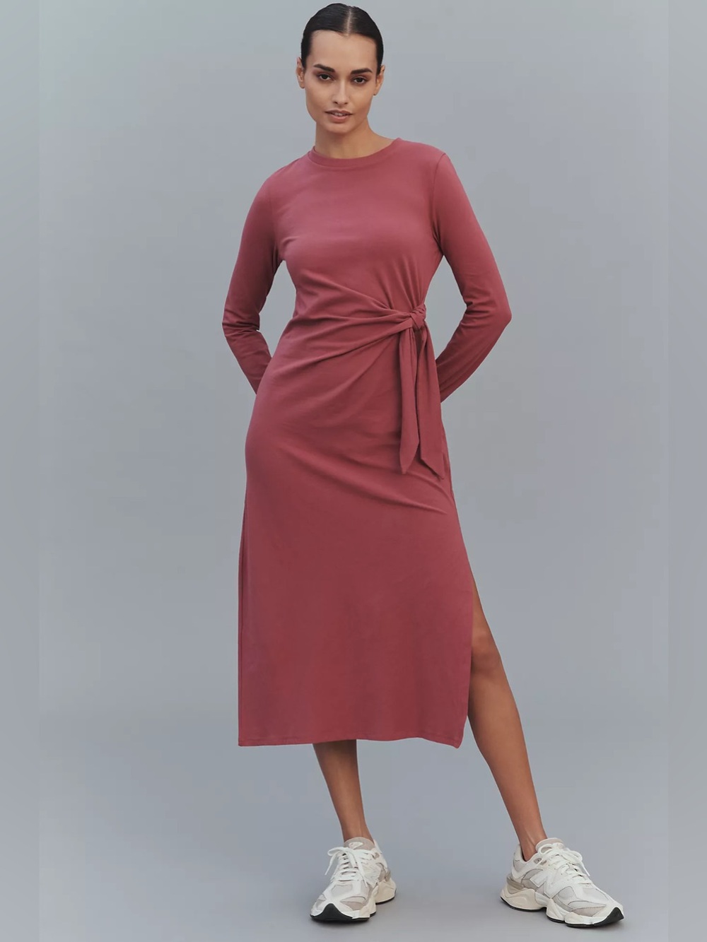 Daily Practice Tie Breaker Long-Sleeve Midi Dress NWT S Dusted Plum Athleisure